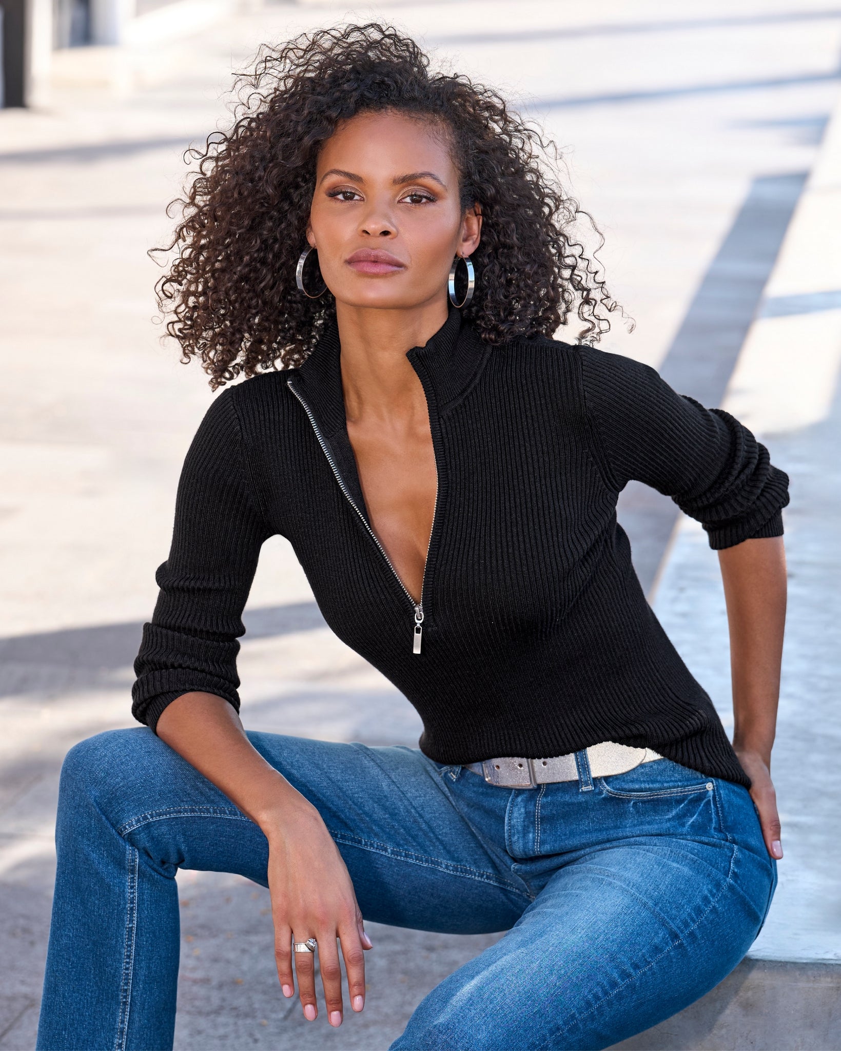 Ribbed Half Zip Up Sweater Proper Black