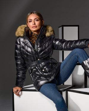 Glossy Finish Faux Fur Trim Hooded Puffer Coat Black