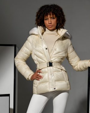 Glossy Finish Faux Fur Trim Hooded Puffer Coat Bone