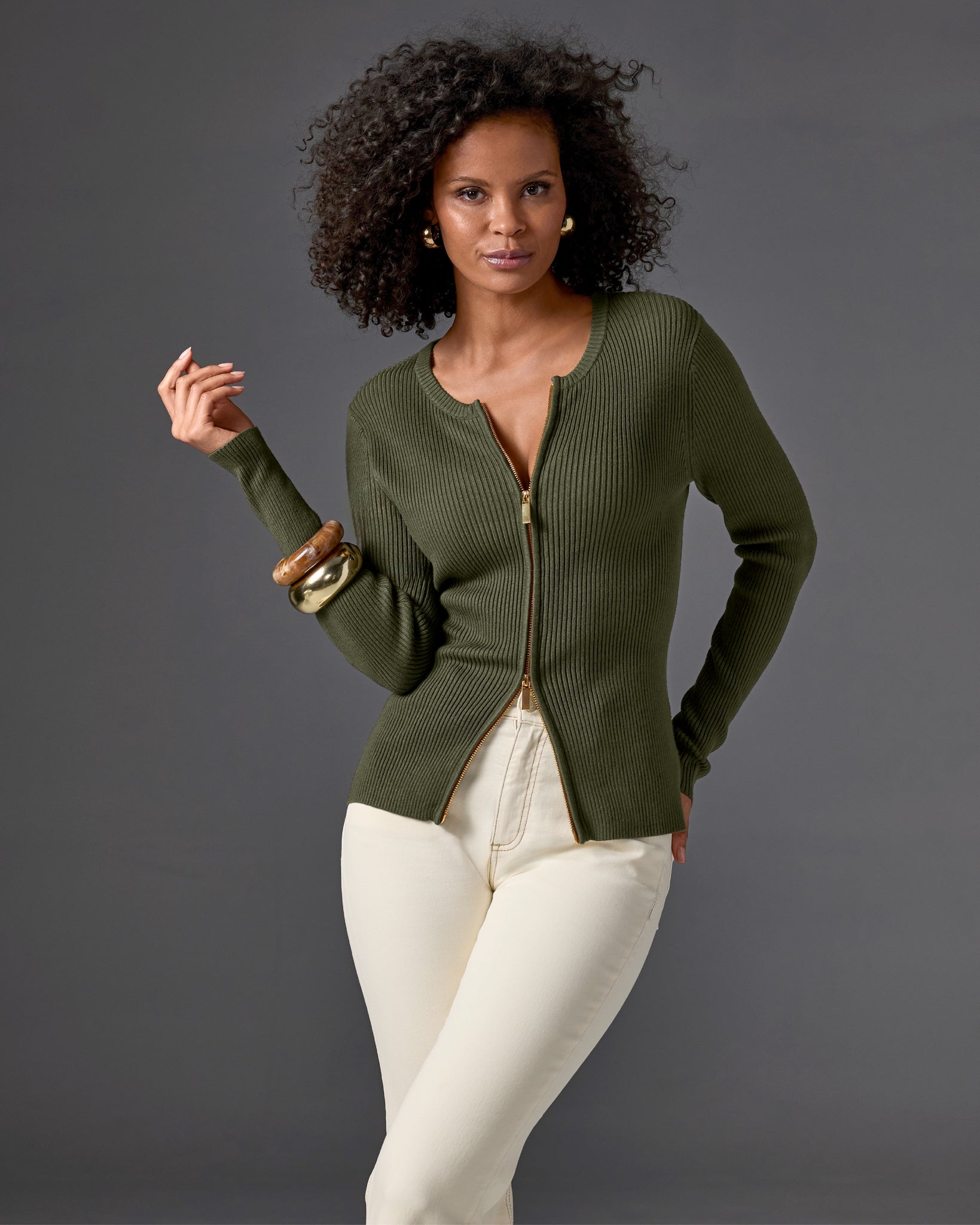 Ribbed Collarless Full Zip Cardigan Olive Night