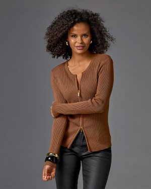 Ribbed Collarless Full Zip Cardigan Toffee