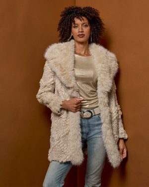 Novelty Shimmer Faux Fur Coat Cream