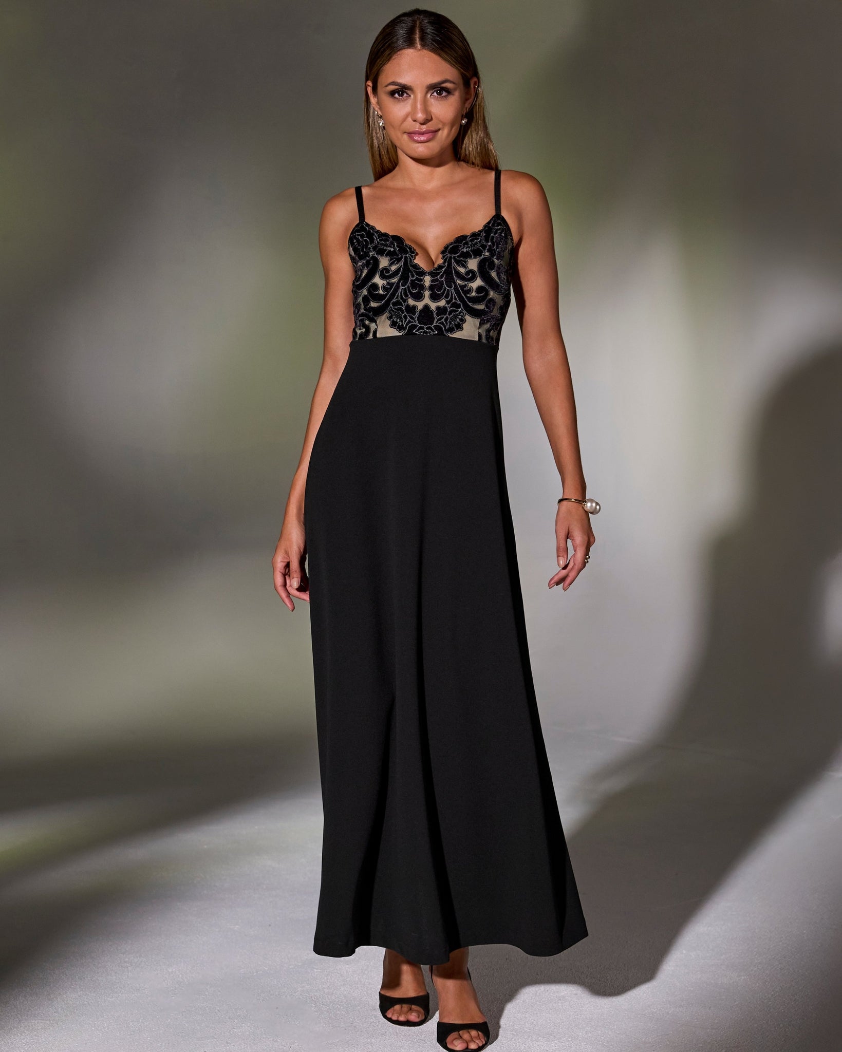 Floral Velvet Bodice A-Line Maxi Dress Black