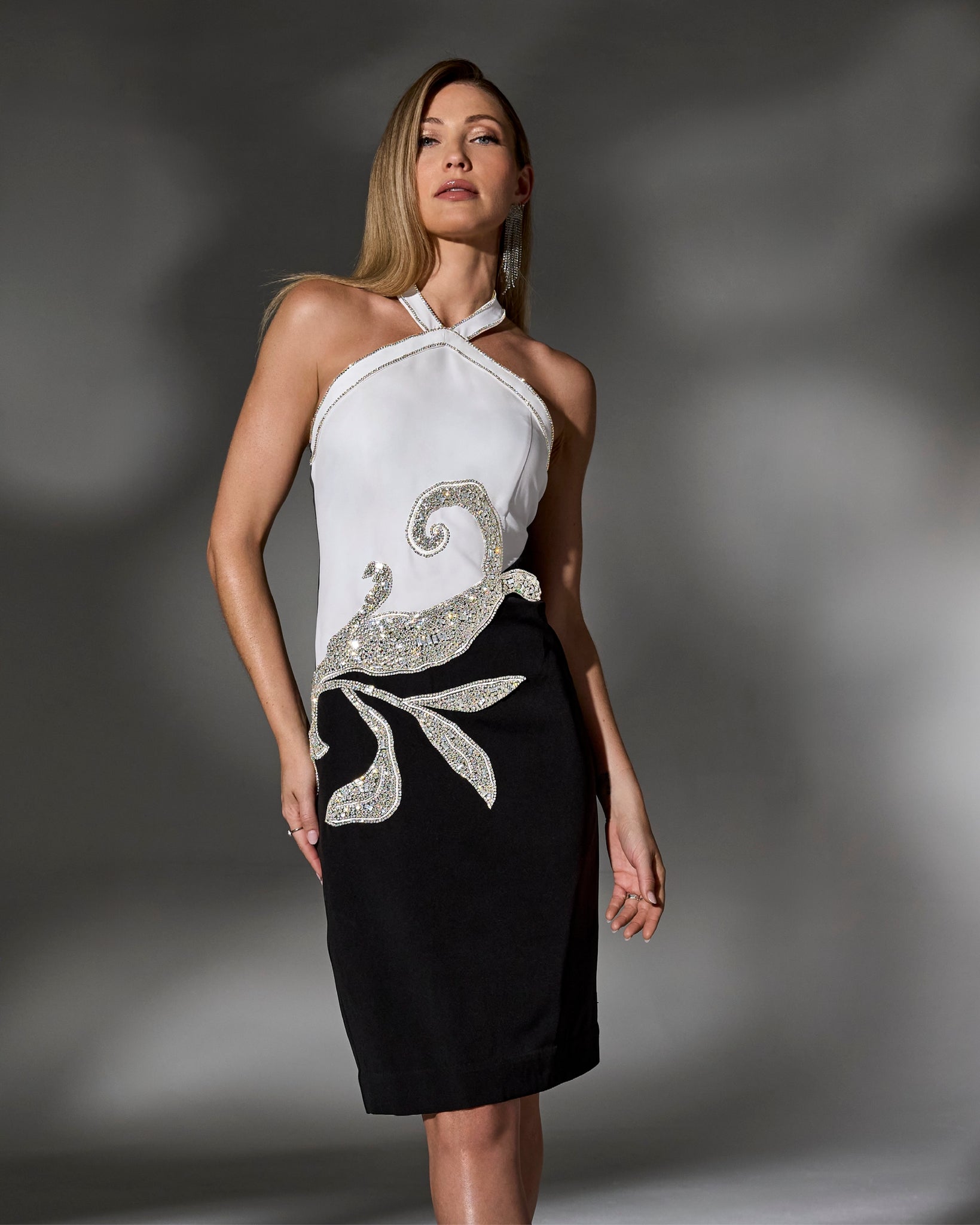 Placed Embellishment Sheath Dress Black/White