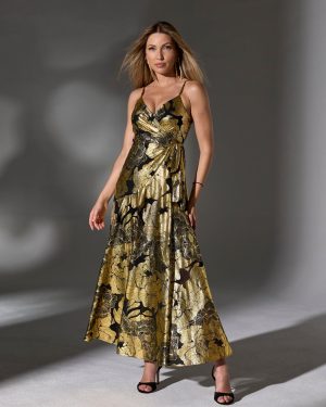 Metallic Foil Floral Wrap Maxi Dress Black/Gold