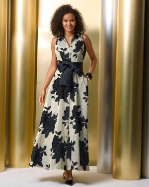 Metallic Jacquard Floral Shirt Dress Black Multi