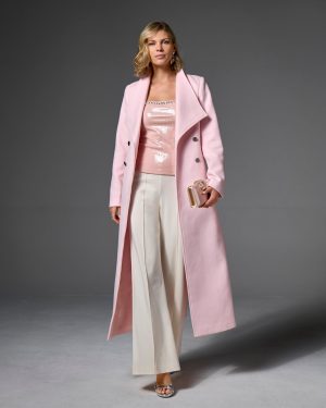 Luxe Shawl Collar Full Length Double Breasted Coat Soft Pink
