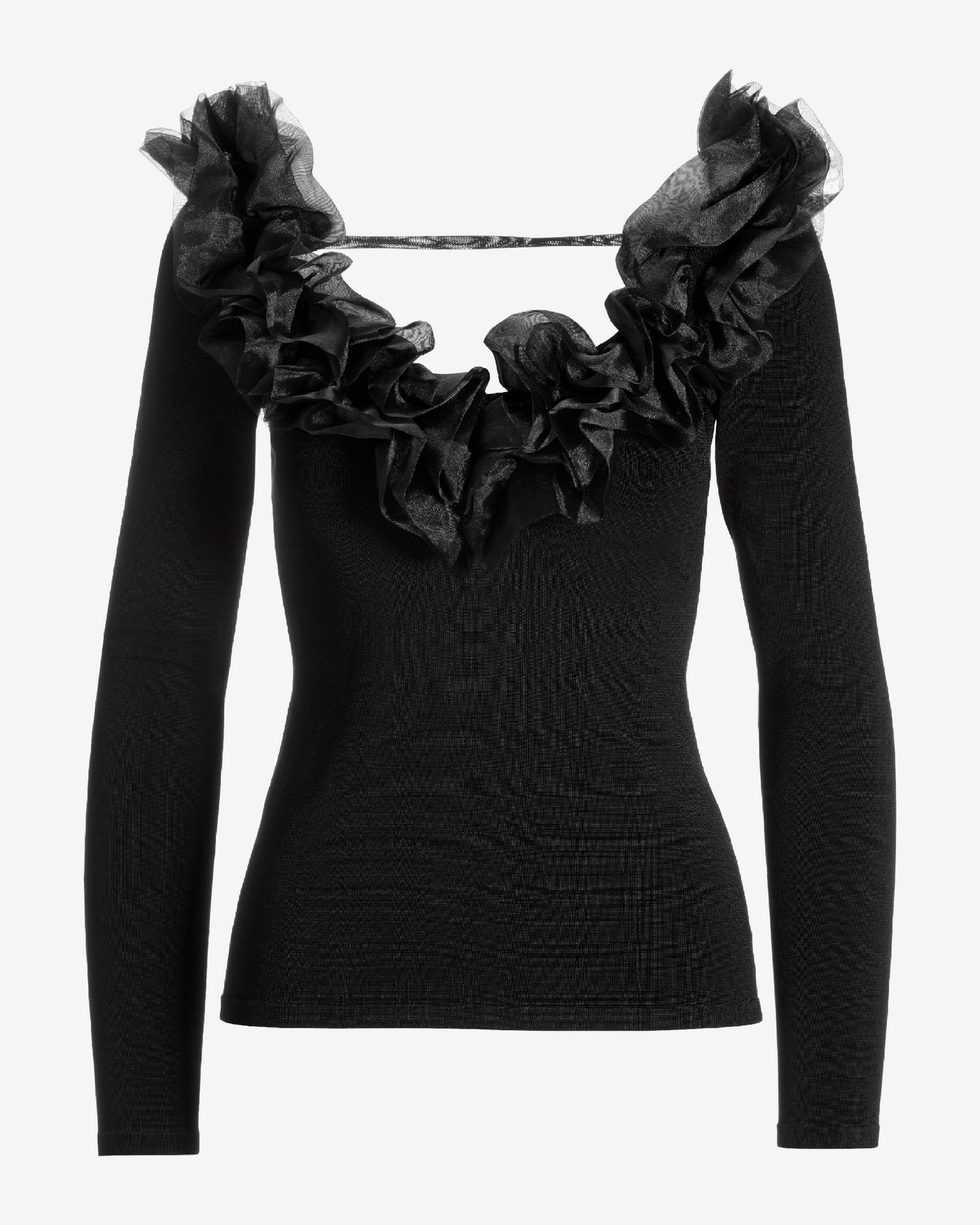 Organza Ruffle V Neck Sweater Black - Image 2