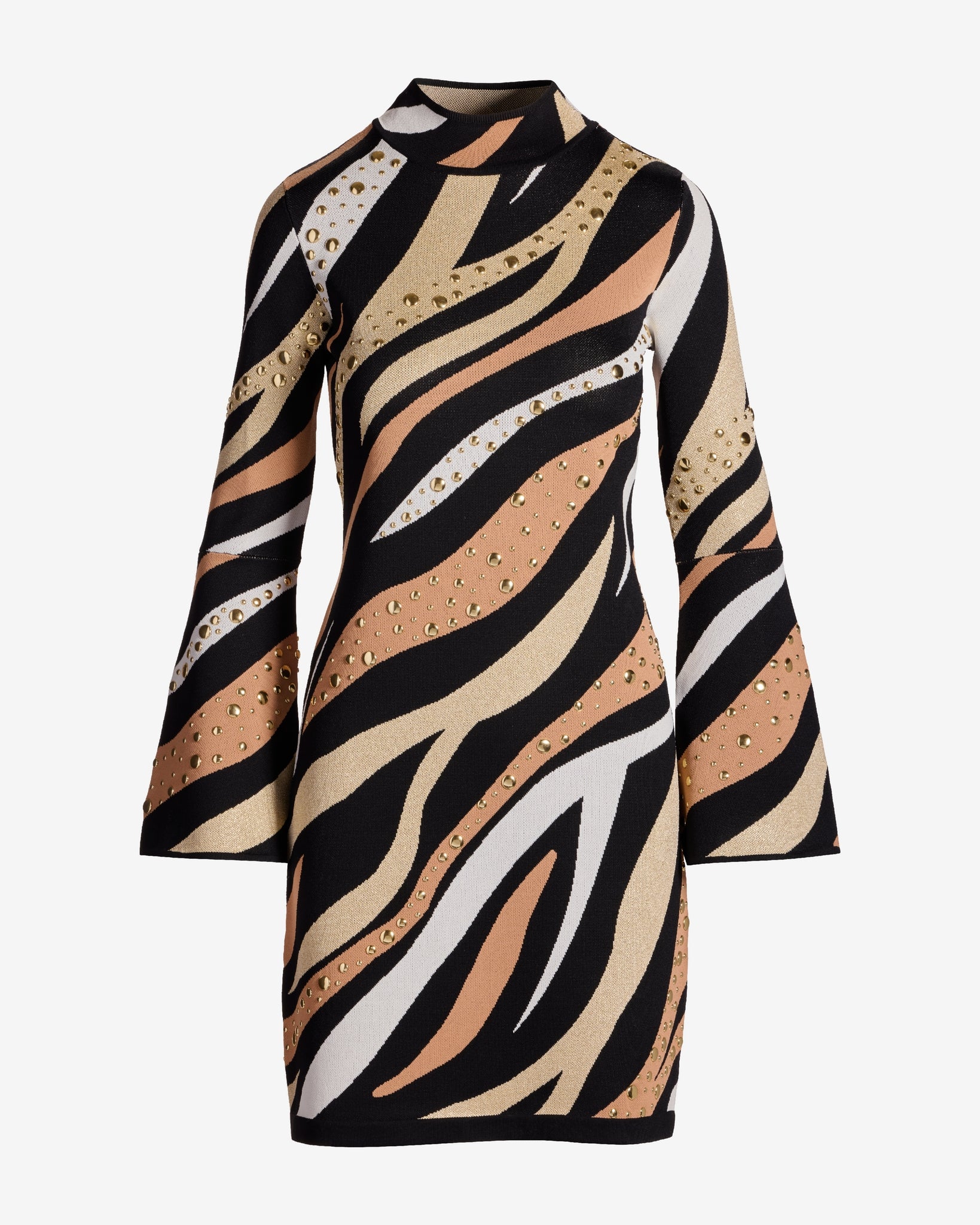 Metallic Studded Zebra Bell Sleeve Sweater Dress Neutral Zebra - Image 2