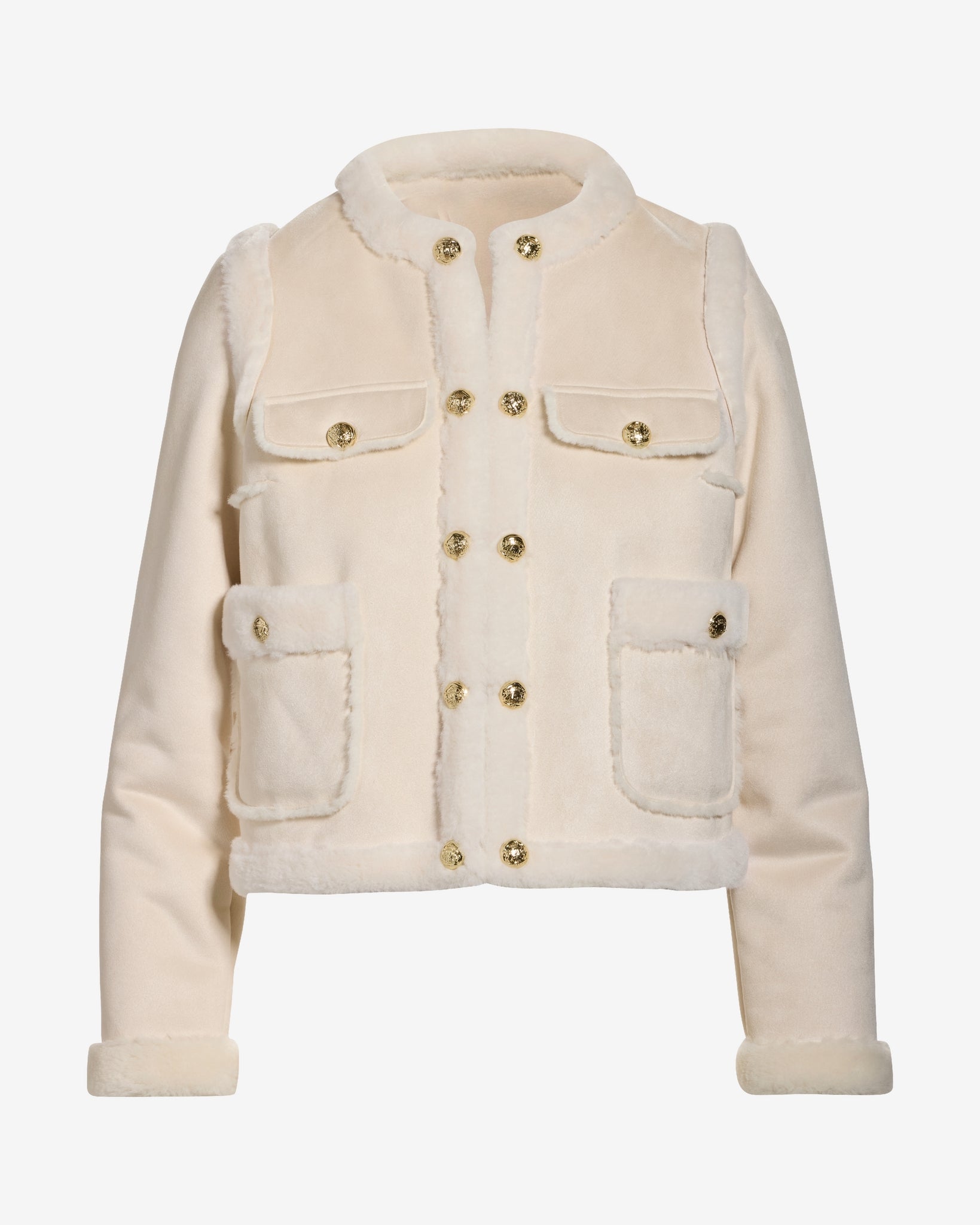 Fur Trim Faux Suede Lady Coat Off White - Image 2