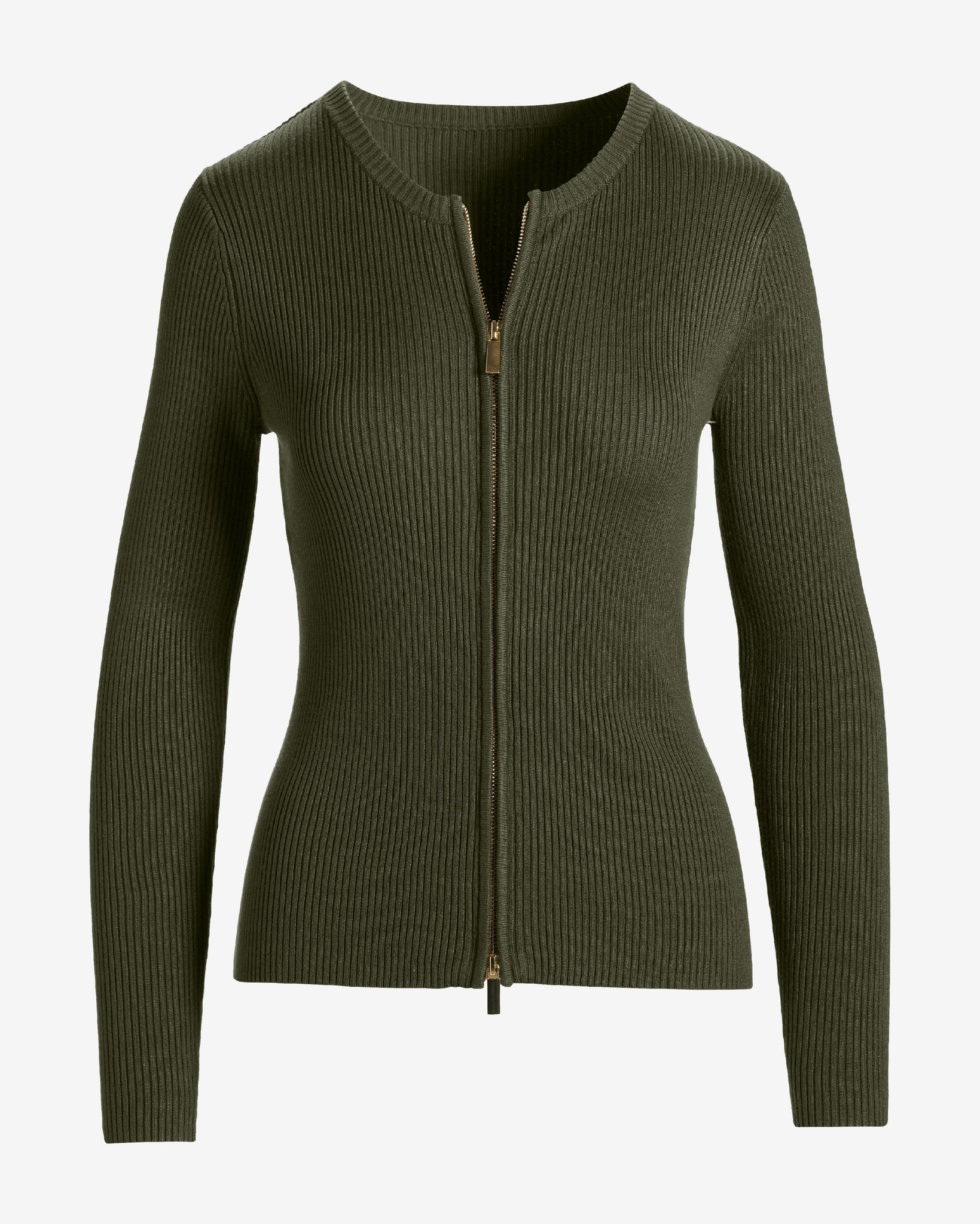 Ribbed Collarless Full Zip Cardigan Olive Night - Image 2
