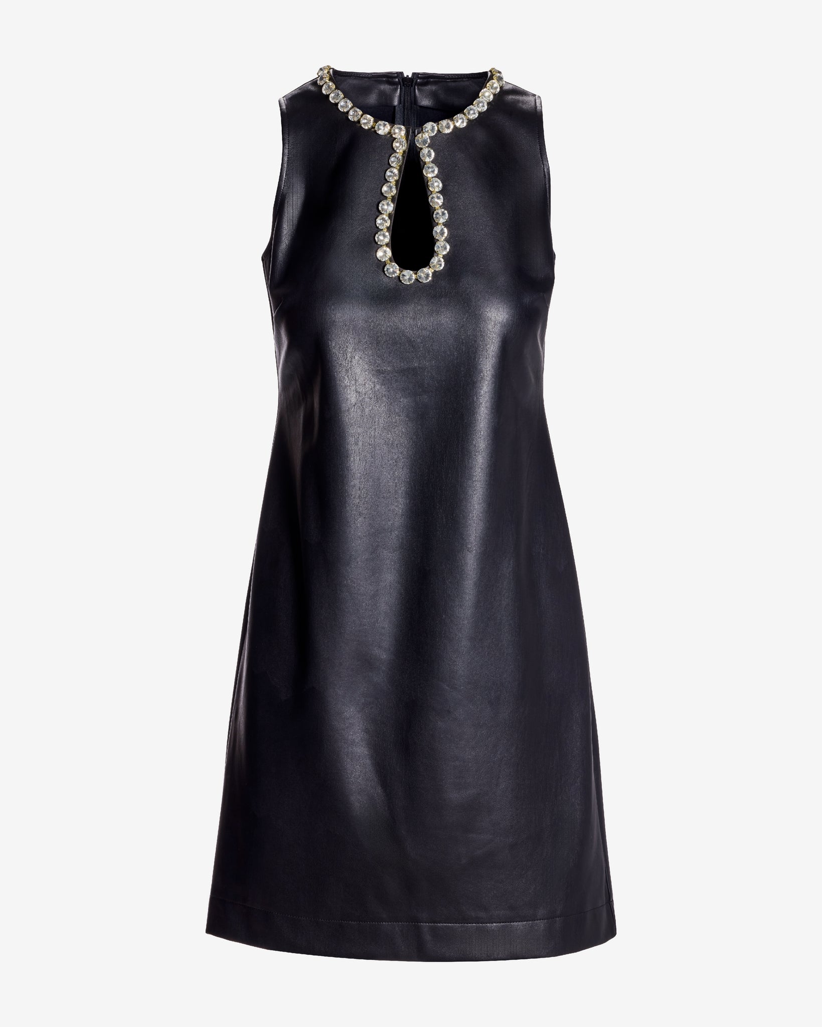 Faux Leather Crystal Embellished Keyhole Shift Dress Black - Image 2